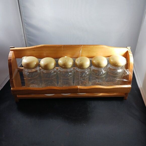 Wooden Spice Rack With 6 Empty Glass Jars - Picture 1 of 10